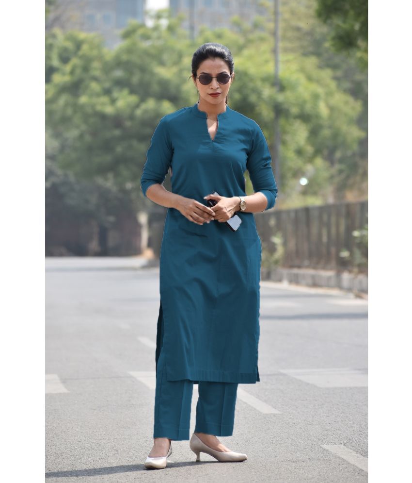     			Qyaas Rayon Solid Kurti With Pants Women's Stitched Salwar Suit - Teal ( Pack of 1 )