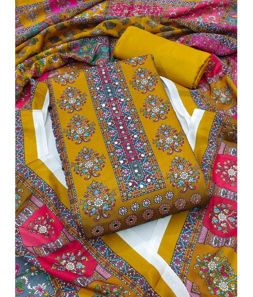     			ALSHOP Unstitched Silk Printed Dress Material - Yellow ( Pack of 1 )