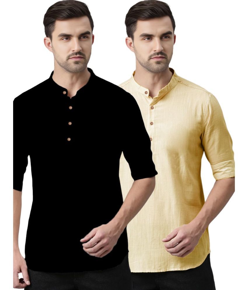     			UNI VIBE Beige Cotton Men's Shirt Style Kurta ( Pack of 2 )