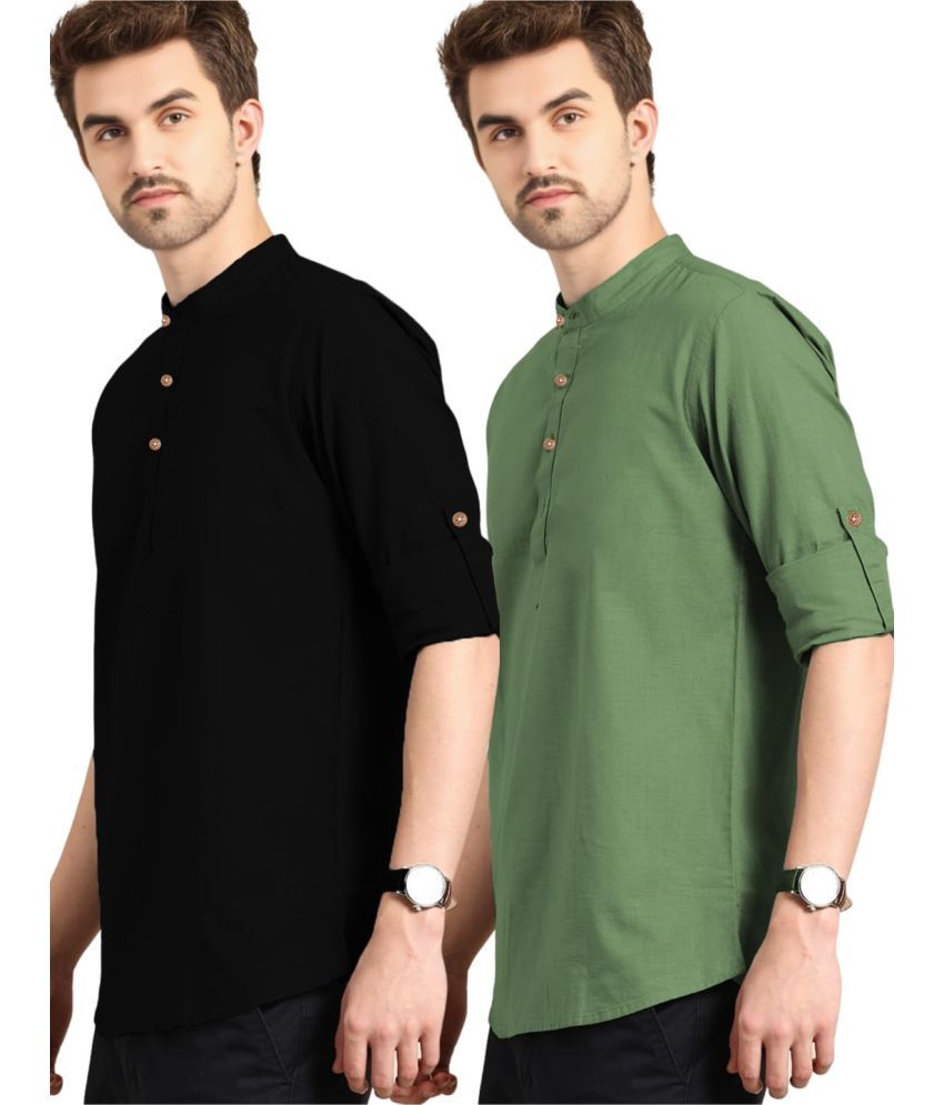     			UNI VIBE Light Green Cotton Men's Shirt Style Kurta ( Pack of 2 )