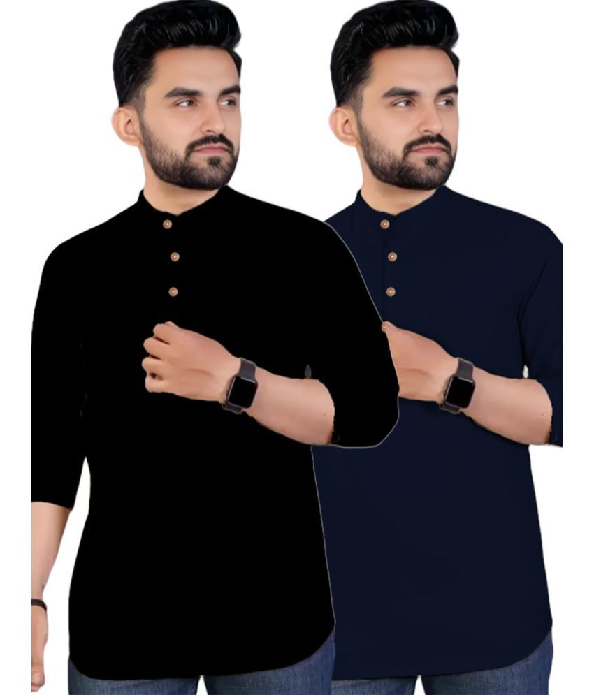     			UNI VIBE Navy Blue Cotton Men's Shirt Style Kurta ( Pack of 2 )