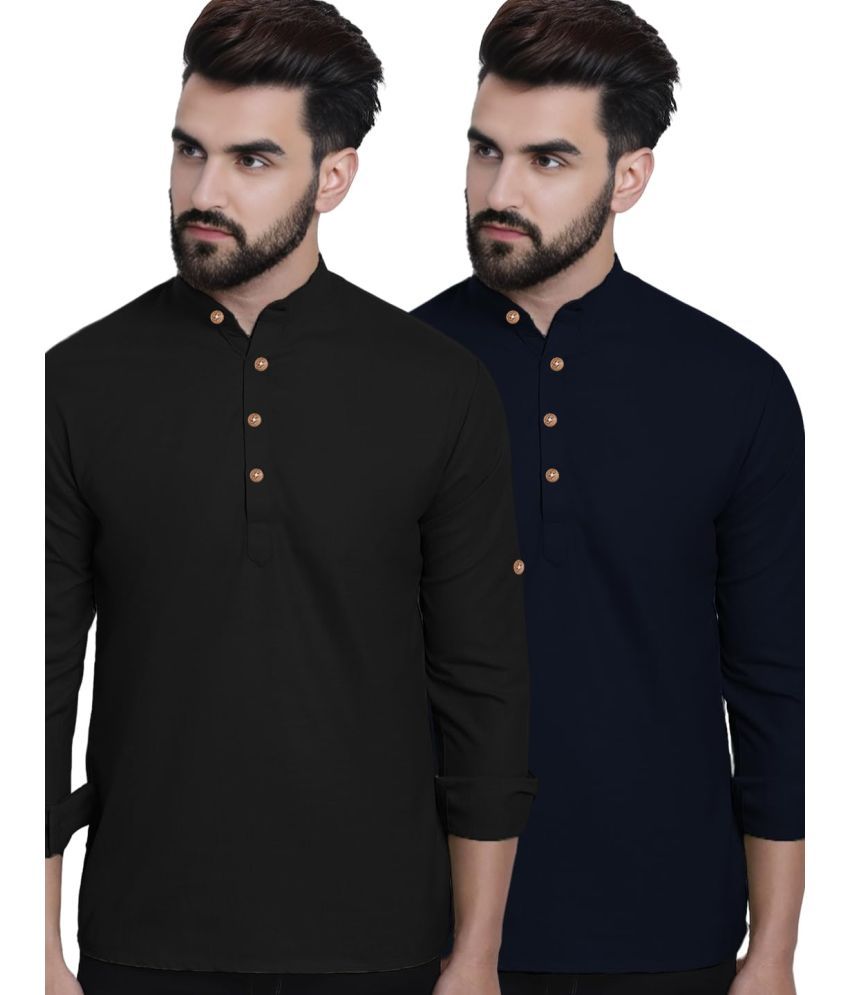     			UNI VIBE Navy Blue Cotton Men's Shirt Style Kurta ( Pack of 2 )