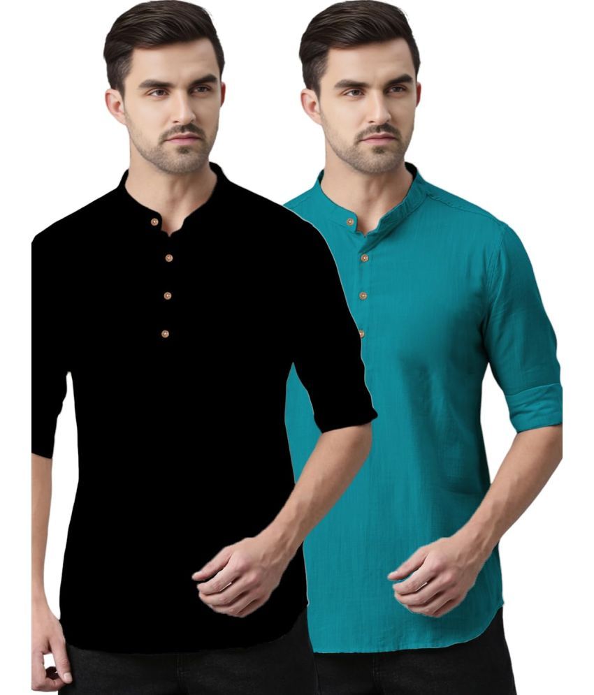     			UNI VIBE Turquoise Cotton Men's Shirt Style Kurta ( Pack of 2 )