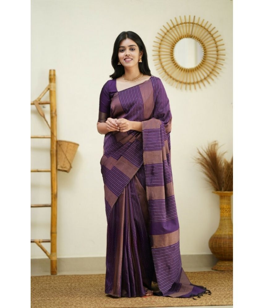     			Vividvibe Kanjivaram Silk Striped Saree With Blouse Piece ( Purple , Pack of 1 )