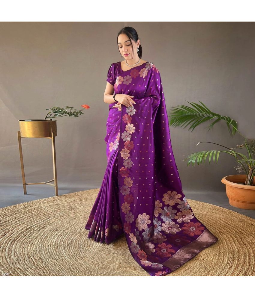     			Vividvibe Kanjivaram Silk Woven Saree With Blouse Piece ( Purple , Pack of 1 )