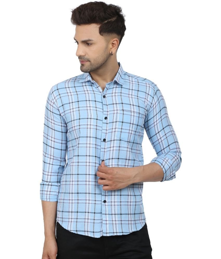     			Fatty Mouse Cotton Blend Regular Fit Checks Full Sleeves Men's Casual Shirt - Light Blue ( Pack of 1 )