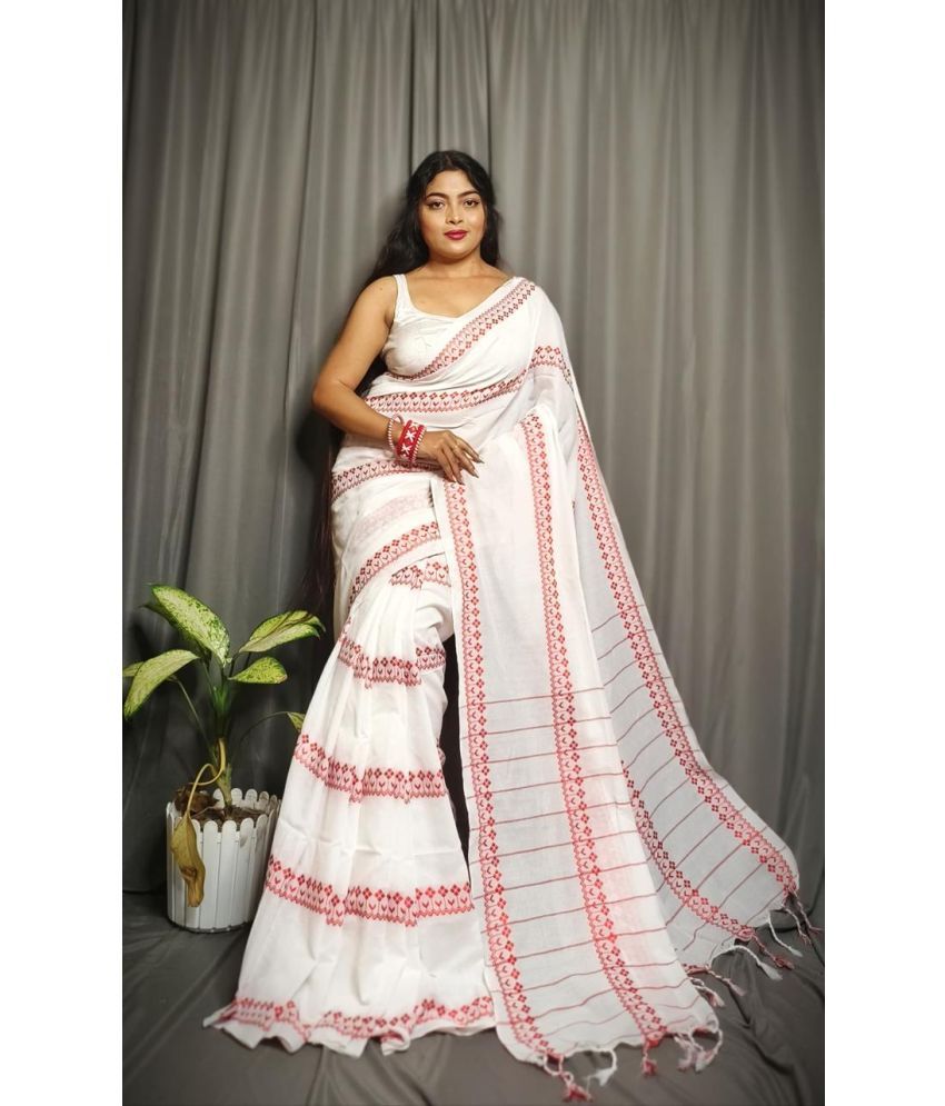     			SARADA HANDLOOM Cotton Printed Saree With Blouse Piece ( White , Pack of 1 )