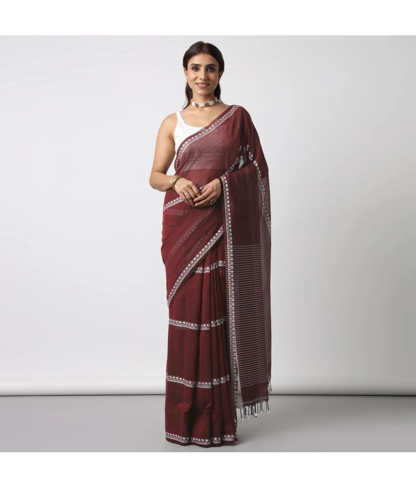     			SARADA HANDLOOM Cotton Striped Saree With Blouse Piece ( Maroon , Pack of 1 )