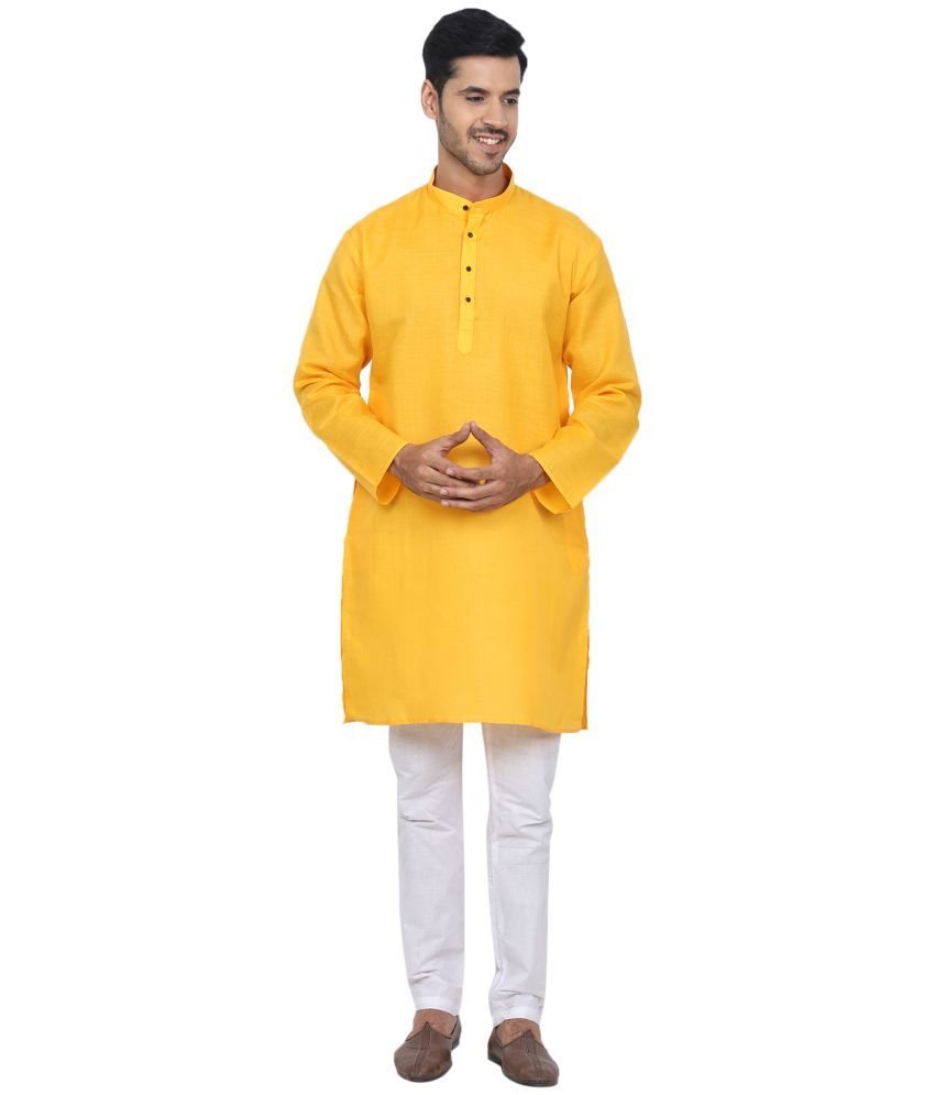     			YOUTH ROBE Yellow Cotton Blend Regular Fit Men's Kurta Pyjama Set ( Pack of 1 )