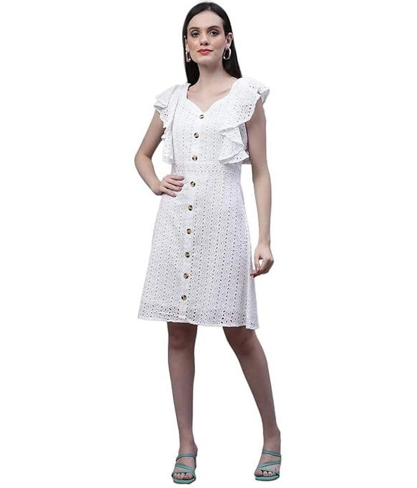     			marc louis Cotton Blend Printed Knee Length Women's Fit & Flare Dress - White ( Pack of 1 )