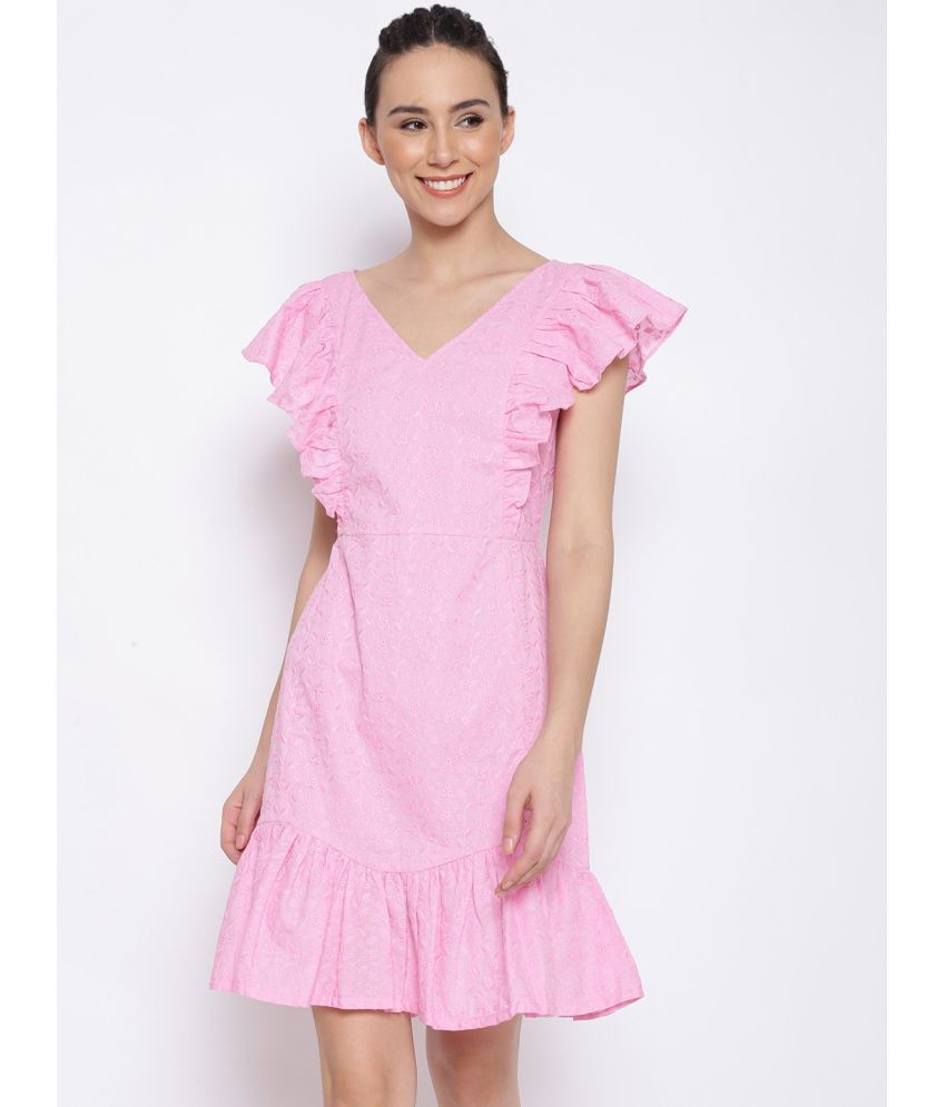     			marc louis Cotton Linen Printed Mini Women's Fit & Flare Dress - Pink ( Pack of 1 )