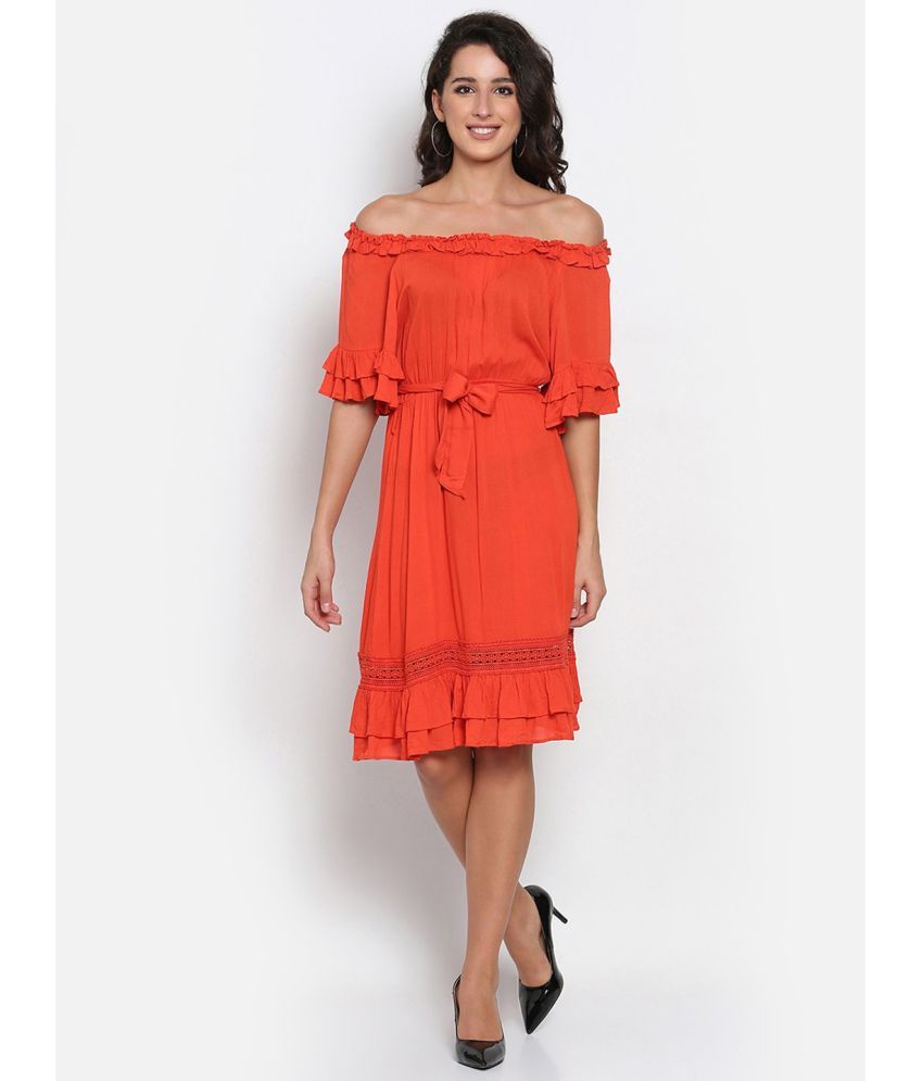     			marc louis Crepe Printed Knee Length Women's Fit & Flare Dress - Orange ( Pack of 1 )