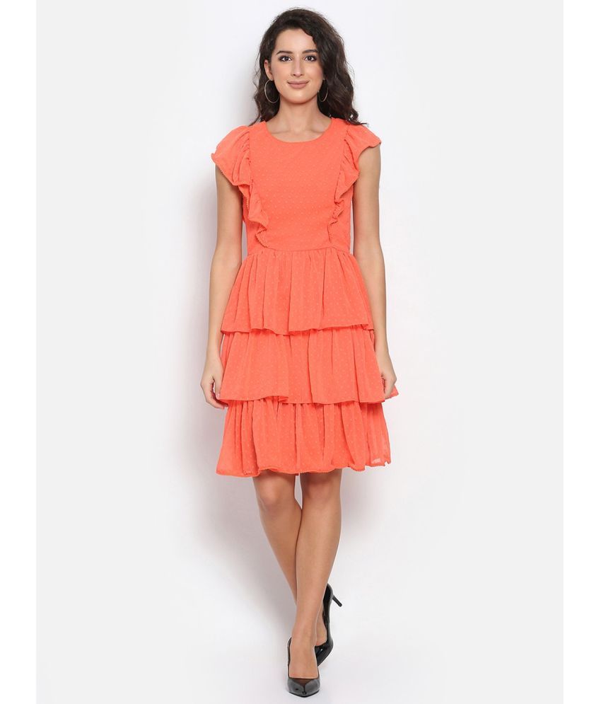     			marc louis Georgette Printed Knee Length Women's Fit & Flare Dress - Orange ( Pack of 1 )