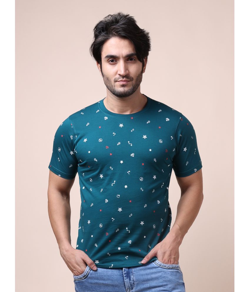     			BERRYBLUES Cotton Blend Regular Fit Printed Half Sleeves Men's Round T-Shirt - Green ( Pack of 1 )