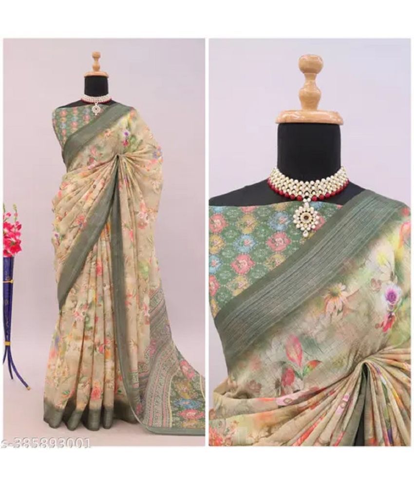     			JILUDI Cotton Printed Saree With Blouse Piece ( Cream , Pack of 1 )