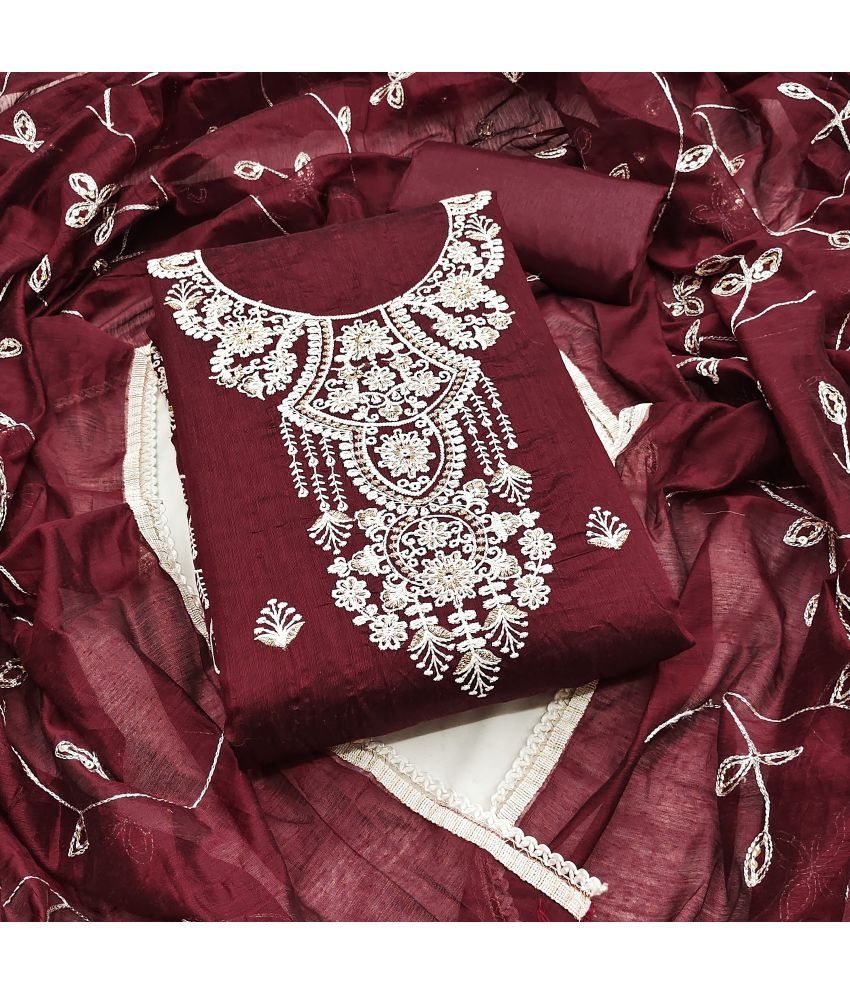     			Nayanthara Trends Unstitched Chanderi Embroidered Dress Material - Maroon ( Pack of 1 )