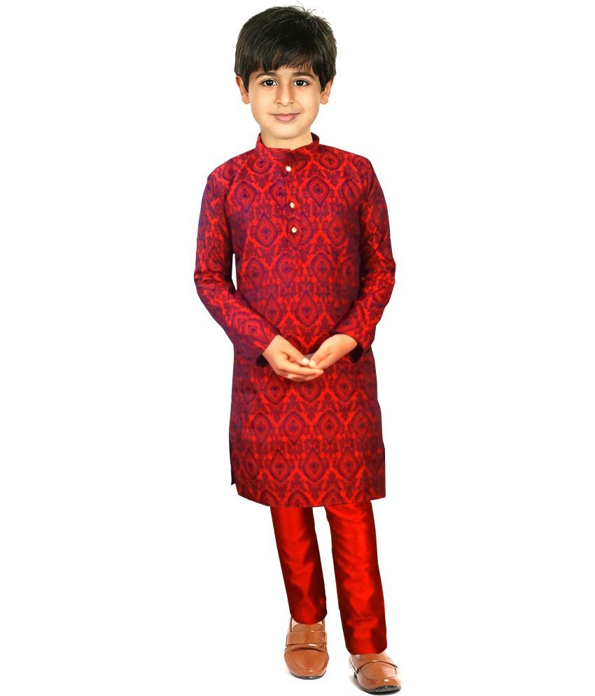     			hrr Boys Cotton Blend Ethnic - Pattern Kurta Pyjama Set ( Red , Pack of 1 )