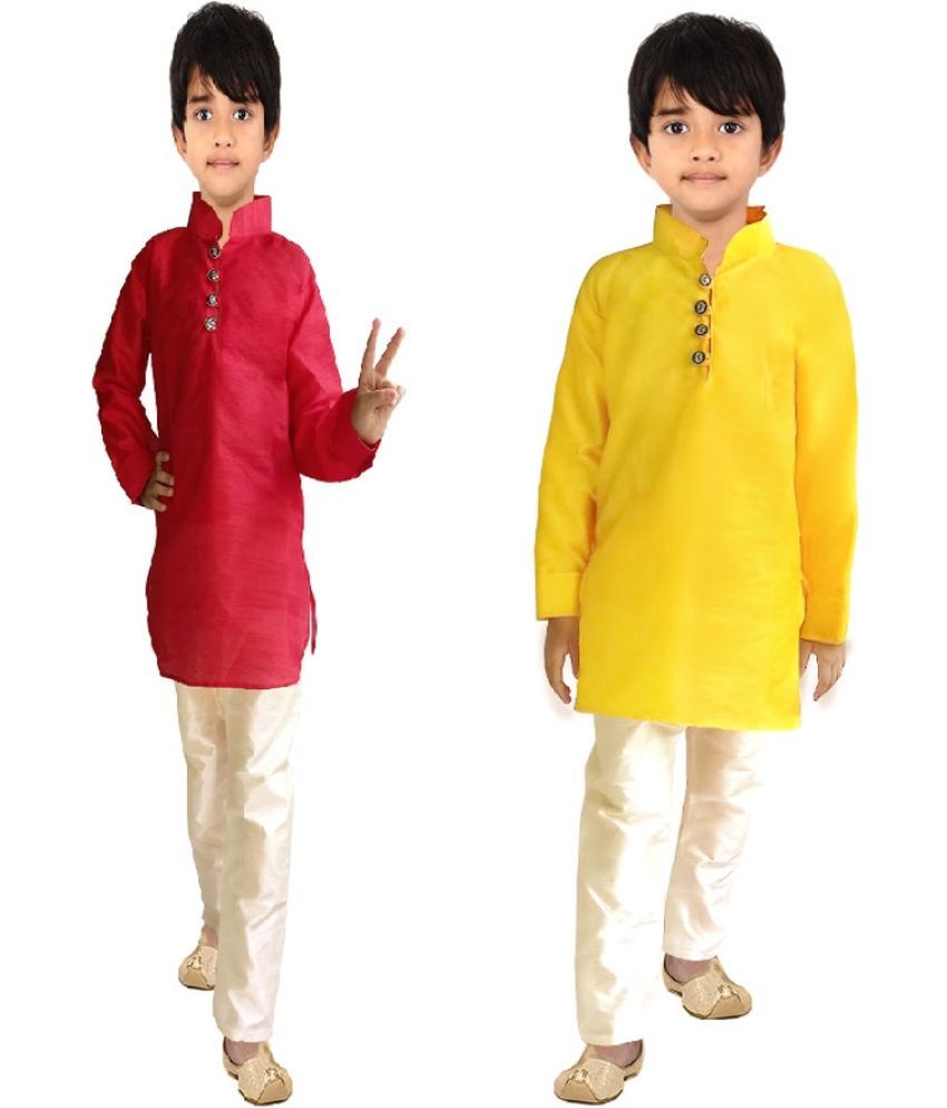     			hrr Boys Cotton Blend Solid - Pattern Kurta Pyjama Set ( Red , Pack of 2 )