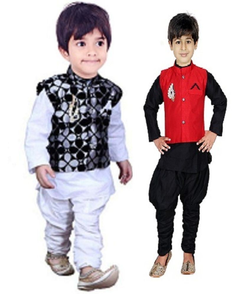     			hrr Boys Silk Ethnic - Pattern Kurta Pyjama Set ( Black , Pack of 2 )