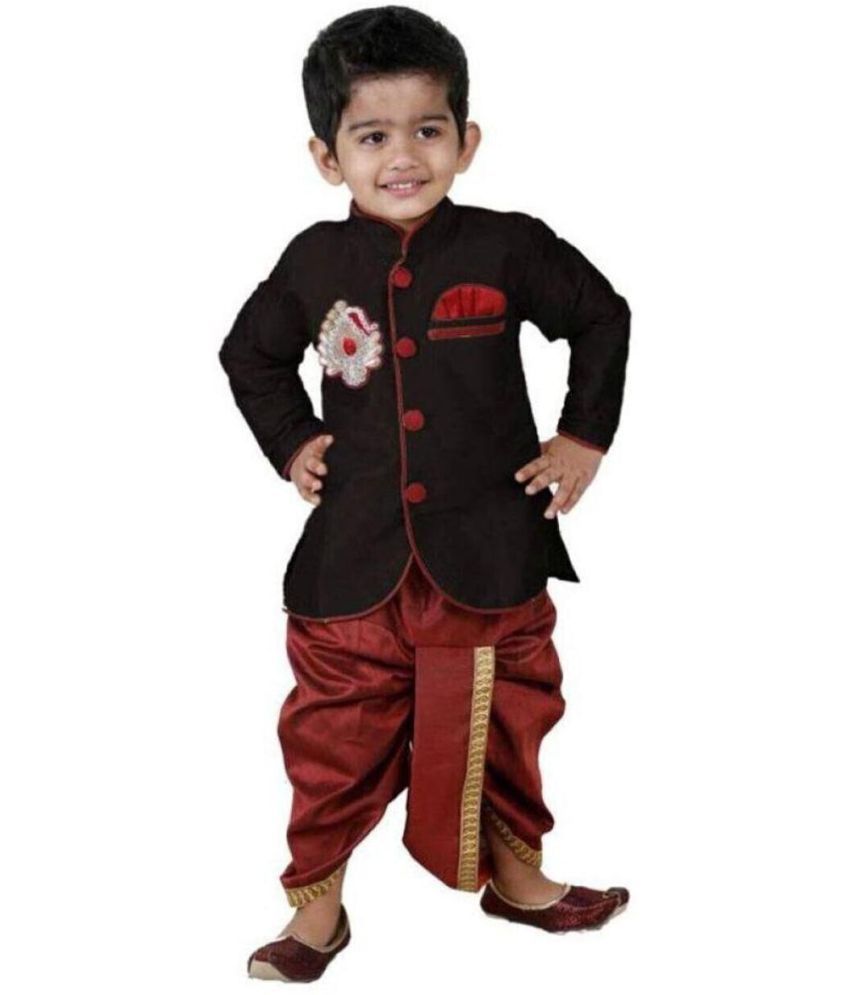     			hrr Boys Silk Ethnic - Pattern Dhoti Kurta Set ( Black , Pack of 1 )