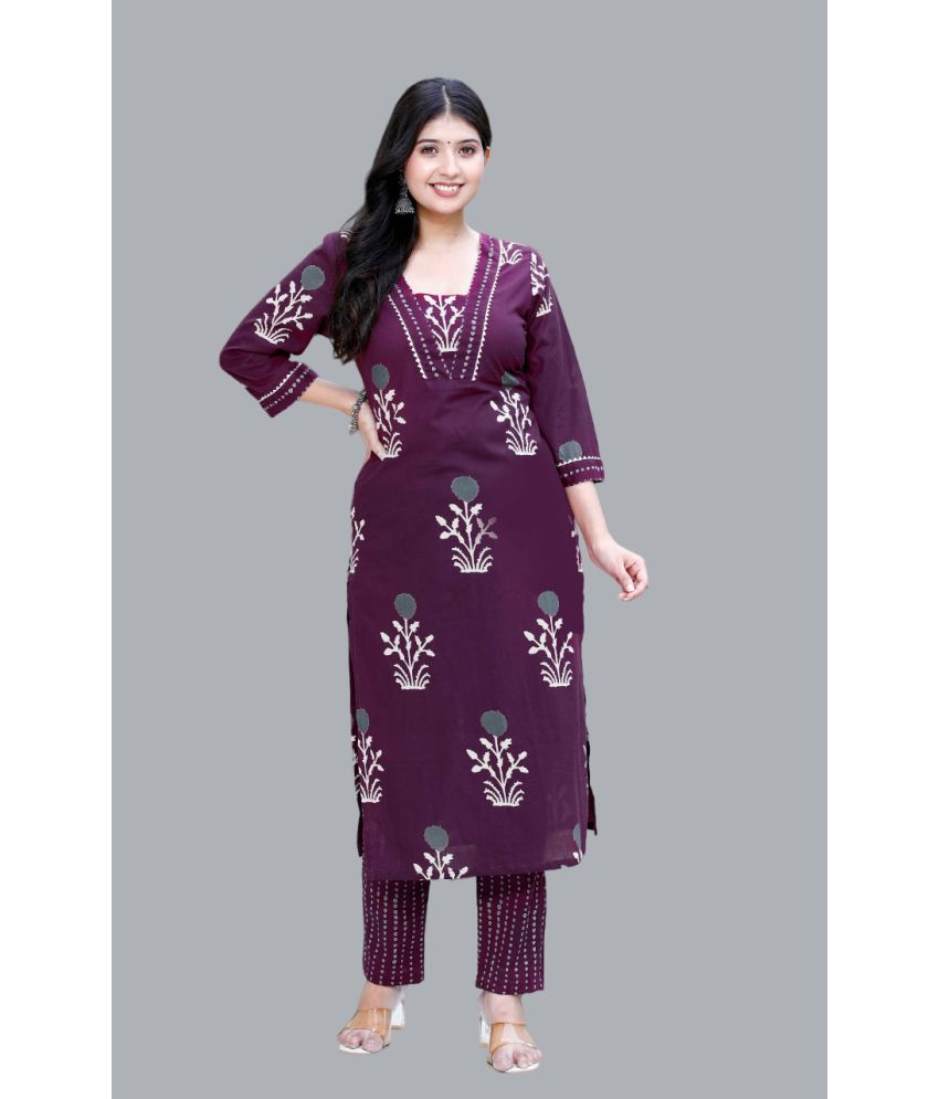     			Angiya Cotton Printed Kurti With Pants Women's Stitched Salwar Suit - Purple ( Pack of 1 )