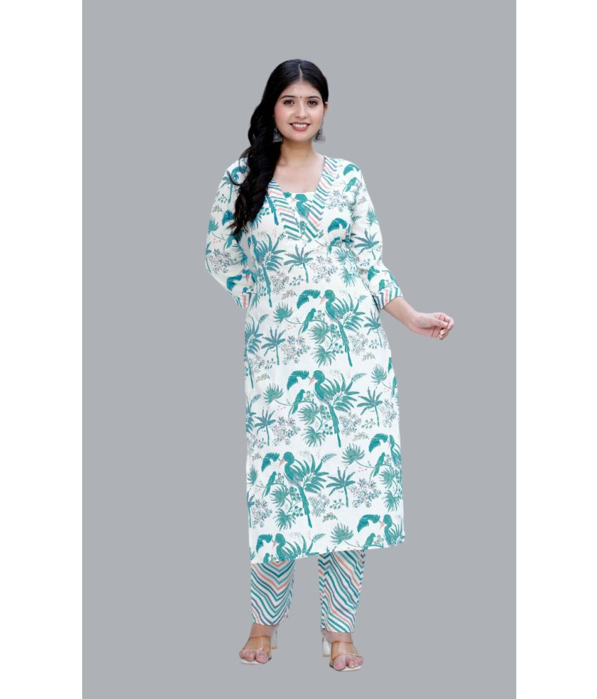     			Angiya Cotton Printed Kurti With Pants Women's Stitched Salwar Suit - Light Green ( Pack of 1 )