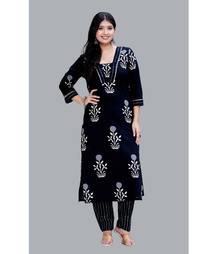     			Angiya Cotton Printed Kurti With Pants Women's Stitched Salwar Suit - Black ( Pack of 1 )