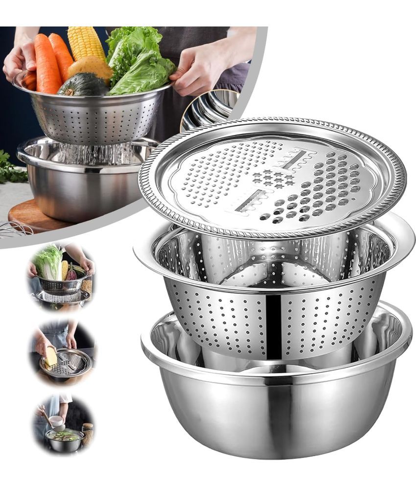     			Bhavyta Silver Stainless Steel 3in1 Drain Basket,Graters for Vegetable Cutter ( Set of 3 )