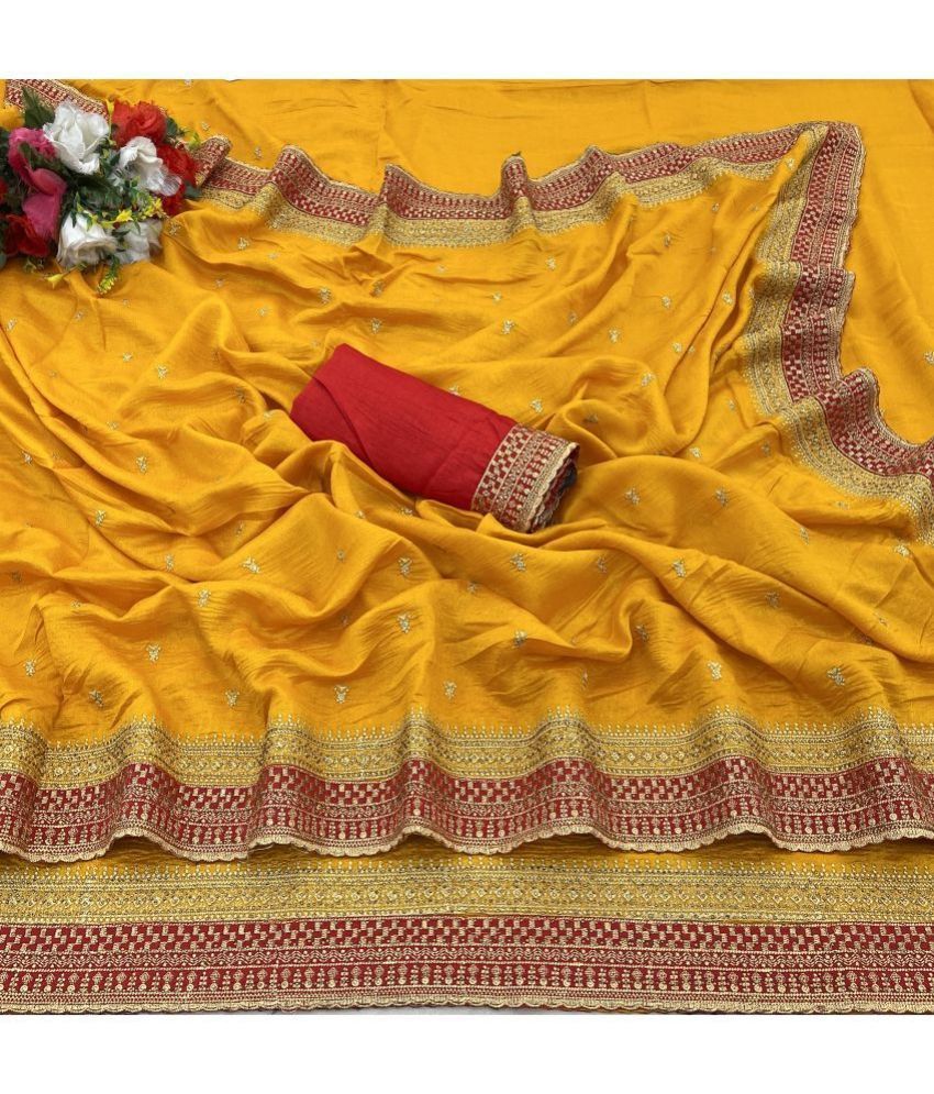     			Gullak Art Silk Embroidered Saree With Blouse Piece ( Yellow , Pack of 1 )