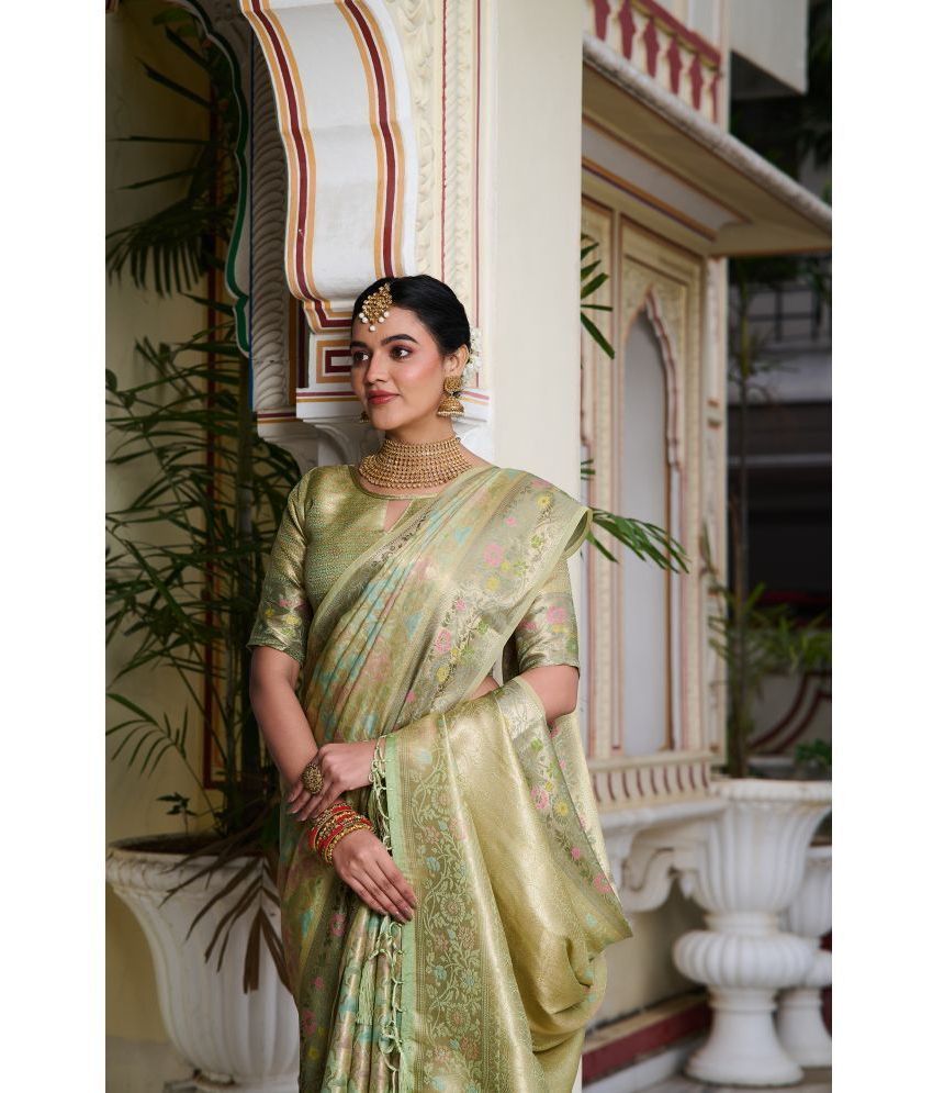     			Gullak Banarasi Silk Printed Saree With Blouse Piece ( Mint Green , Pack of 1 )