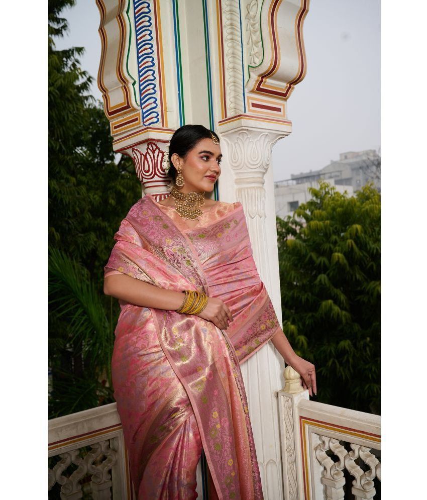     			Gullak Banarasi Silk Printed Saree With Blouse Piece ( Pink , Pack of 1 )