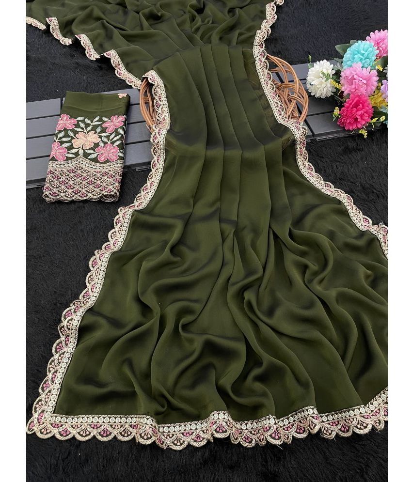     			Gullak Chiffon Embroidered Saree With Blouse Piece ( Green , Pack of 1 )