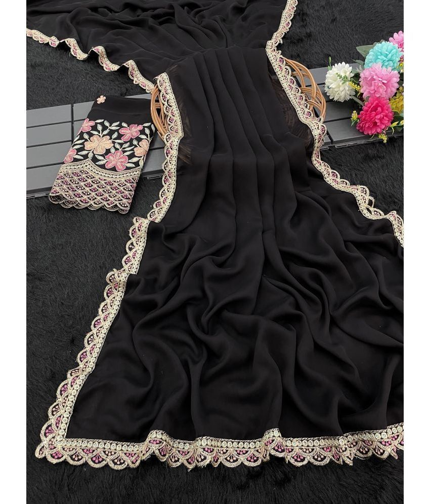     			Gullak Chiffon Embroidered Saree With Blouse Piece ( Black , Pack of 1 )