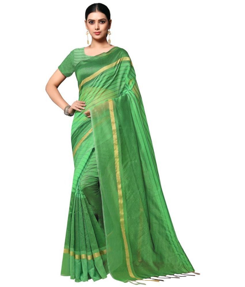     			Gullak Cotton Blend Striped Saree With Blouse Piece ( Green , Pack of 1 )