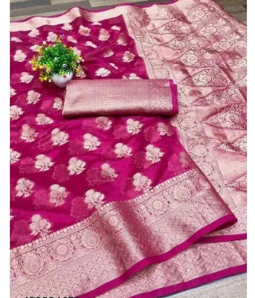     			Gullak Organza Embellished Saree With Blouse Piece ( Pink , Pack of 1 )