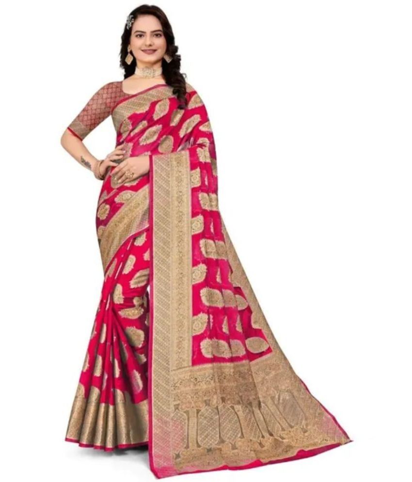     			Gullak Organza Embellished Saree With Blouse Piece ( Red , Pack of 1 )