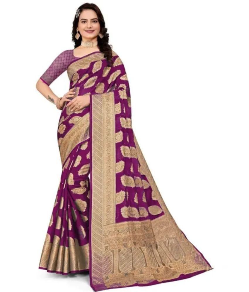     			Gullak Organza Embellished Saree With Blouse Piece ( Purple , Pack of 1 )