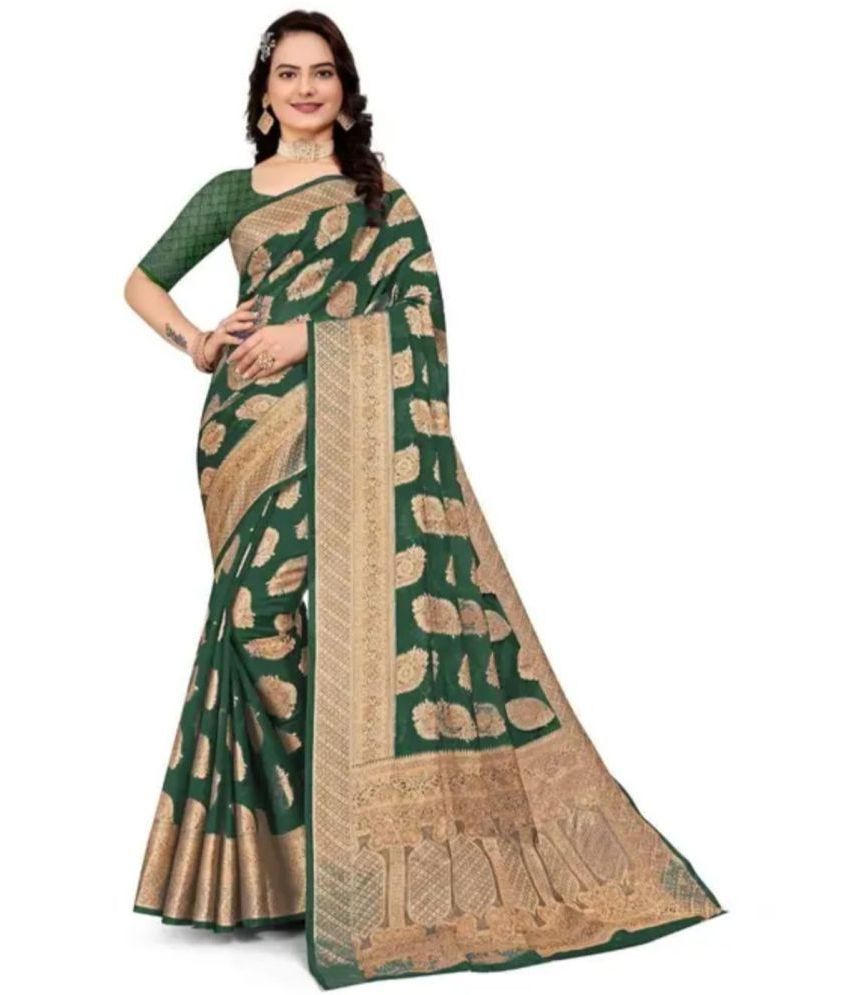     			Gullak Organza Embellished Saree With Blouse Piece ( Green , Pack of 1 )