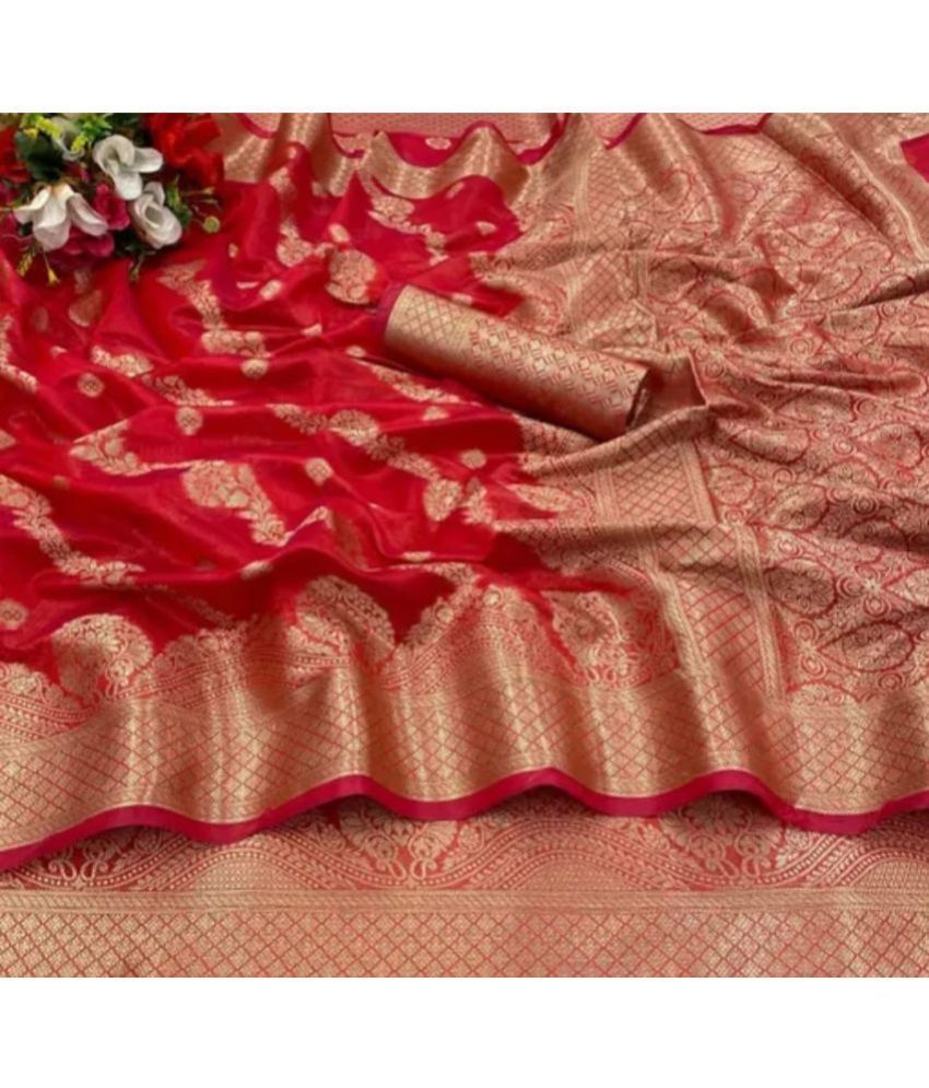     			Gullak Organza Embellished Saree With Blouse Piece ( Red , Pack of 1 )