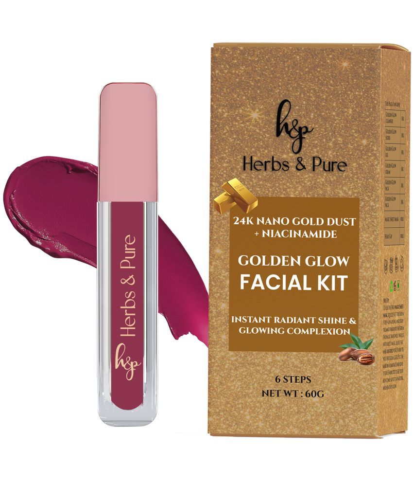     			Herbs and Pure Golden Glow Facial Kit & Moisturizing Matte Lipstick- Midnight Rose, Set of 2, 66g)