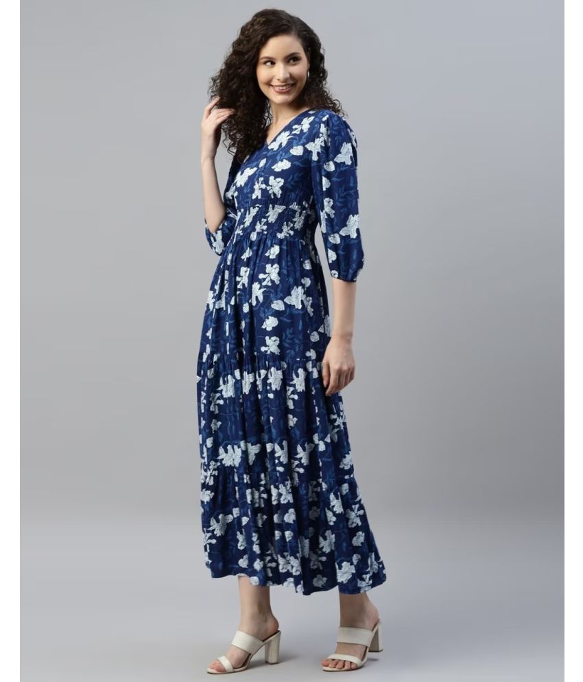     			JASH CREATION Polyester Printed Midi Women's Fit & Flare Dress - Blue ( Pack of 1 )