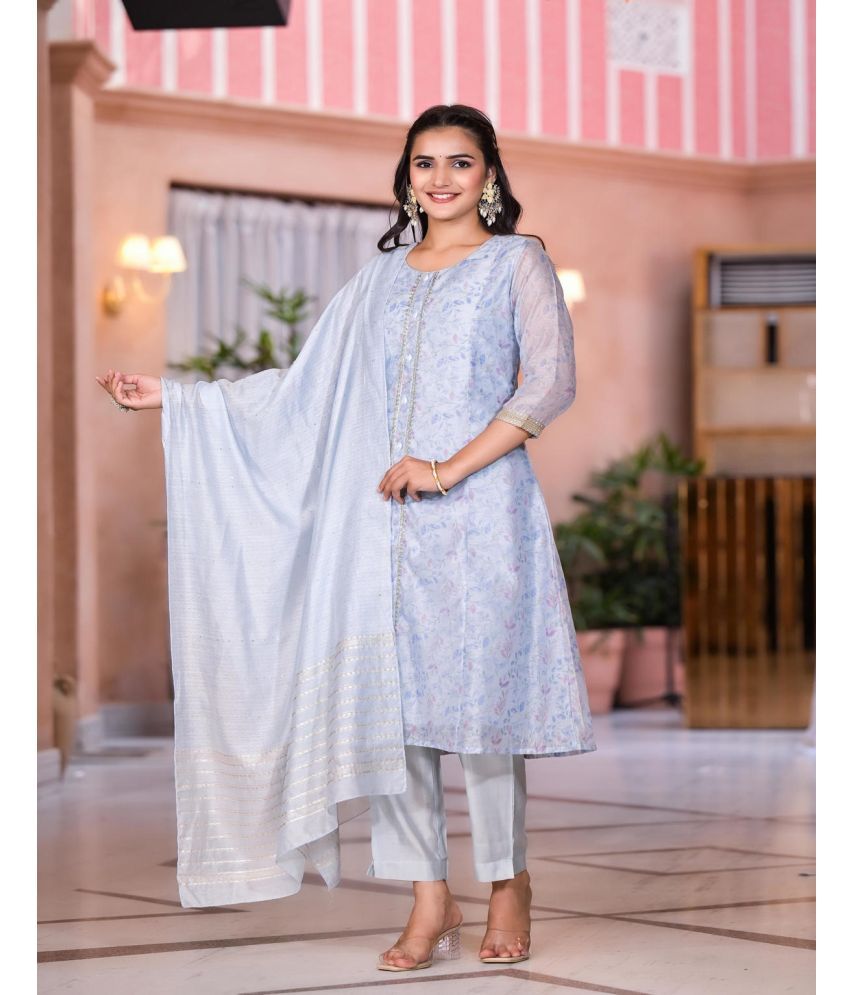     			Juniper Silk Printed Kurti With Pants Women's Stitched Salwar Suit - Grey ( Pack of 1 )