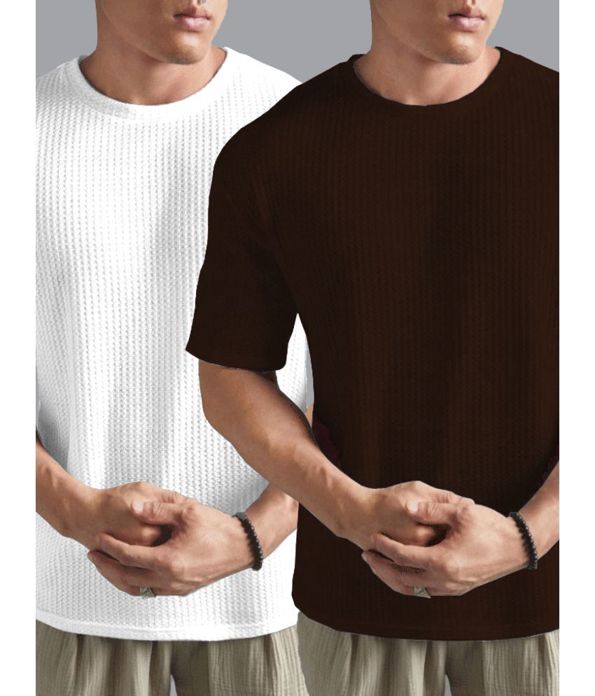     			Merriment Cotton Blend Regular Fit Self Design Half Sleeves Men's Round T-Shirt - Brown ( Pack of 2 )