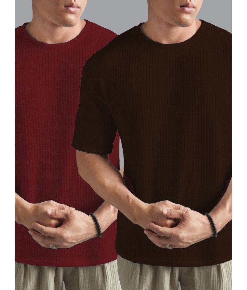     			Merriment Cotton Blend Regular Fit Self Design Half Sleeves Men's Round T-Shirt - Brown ( Pack of 2 )