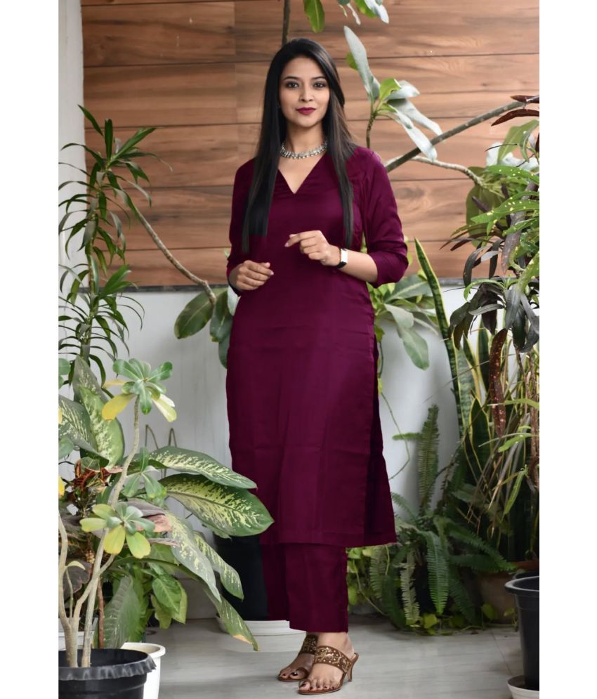     			Nirja Fab Rayon Solid Kurti With Pants Women's Stitched Salwar Suit - Wine ( Pack of 1 )