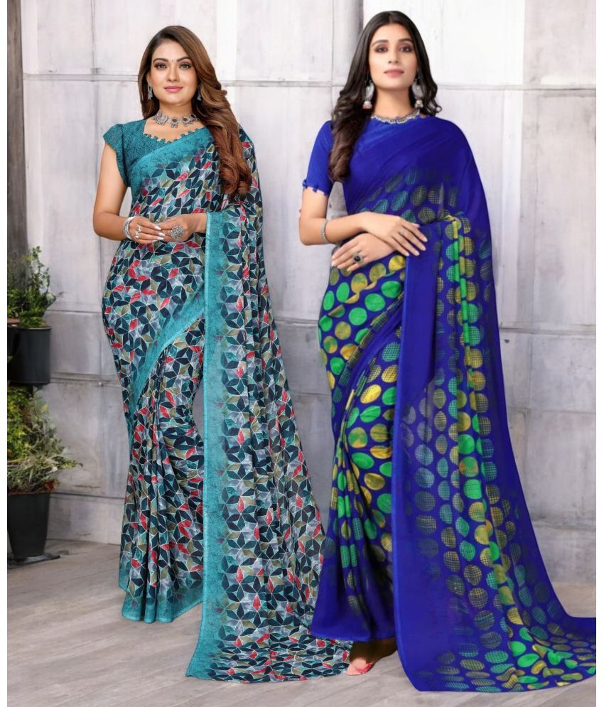     			TTH Georgette Printed Saree With Blouse Piece ( Multicolor , Pack of 2 )