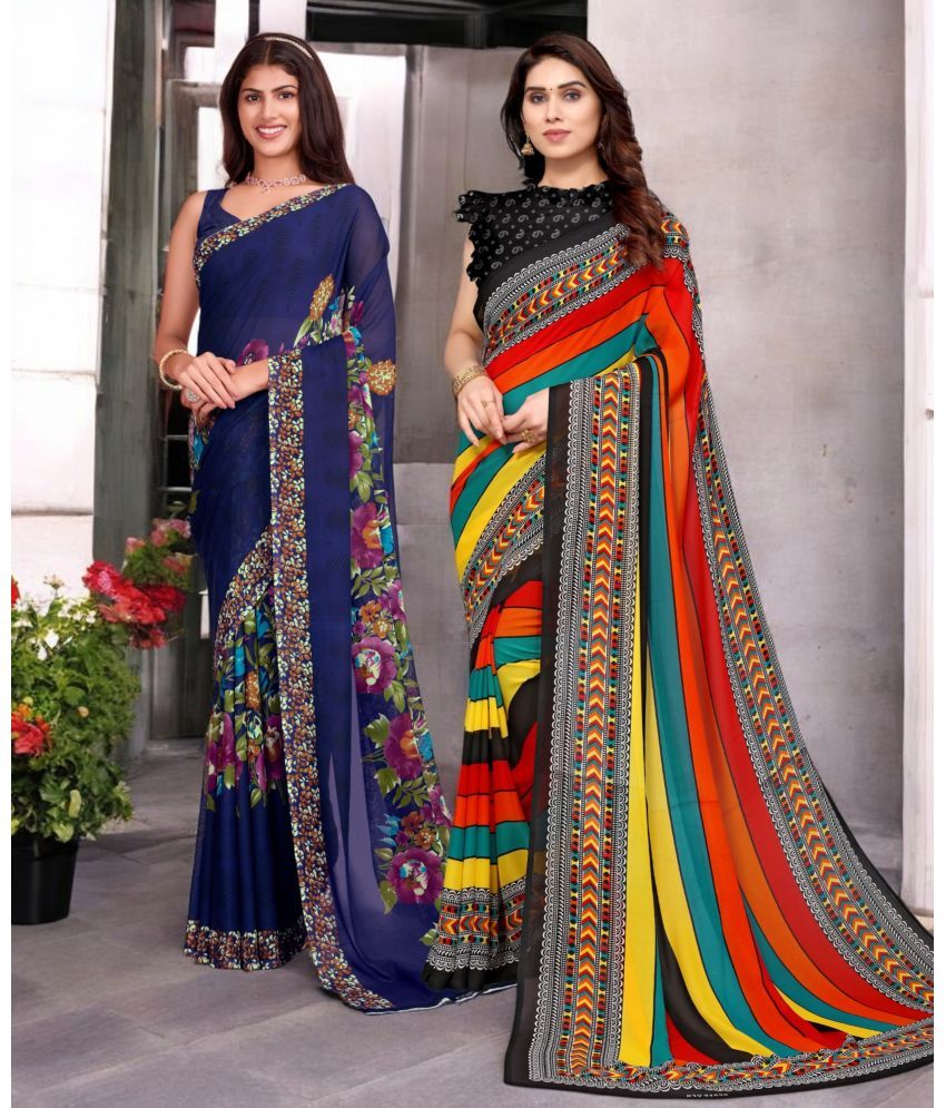     			TTH Georgette Printed Saree With Blouse Piece ( Multicolor , Pack of 2 )