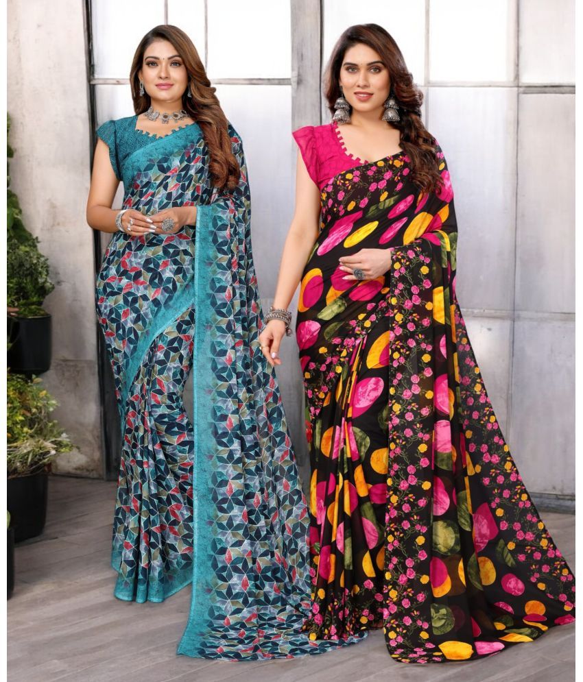     			TTH Georgette Printed Saree With Blouse Piece ( Multicolor , Pack of 2 )