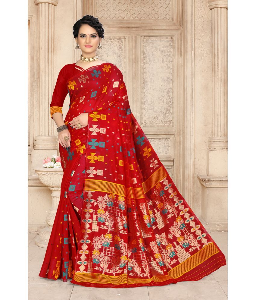     			VEDANT VASTRAM Cotton Blend Woven Saree With Blouse Piece ( Red , Pack of 1 )