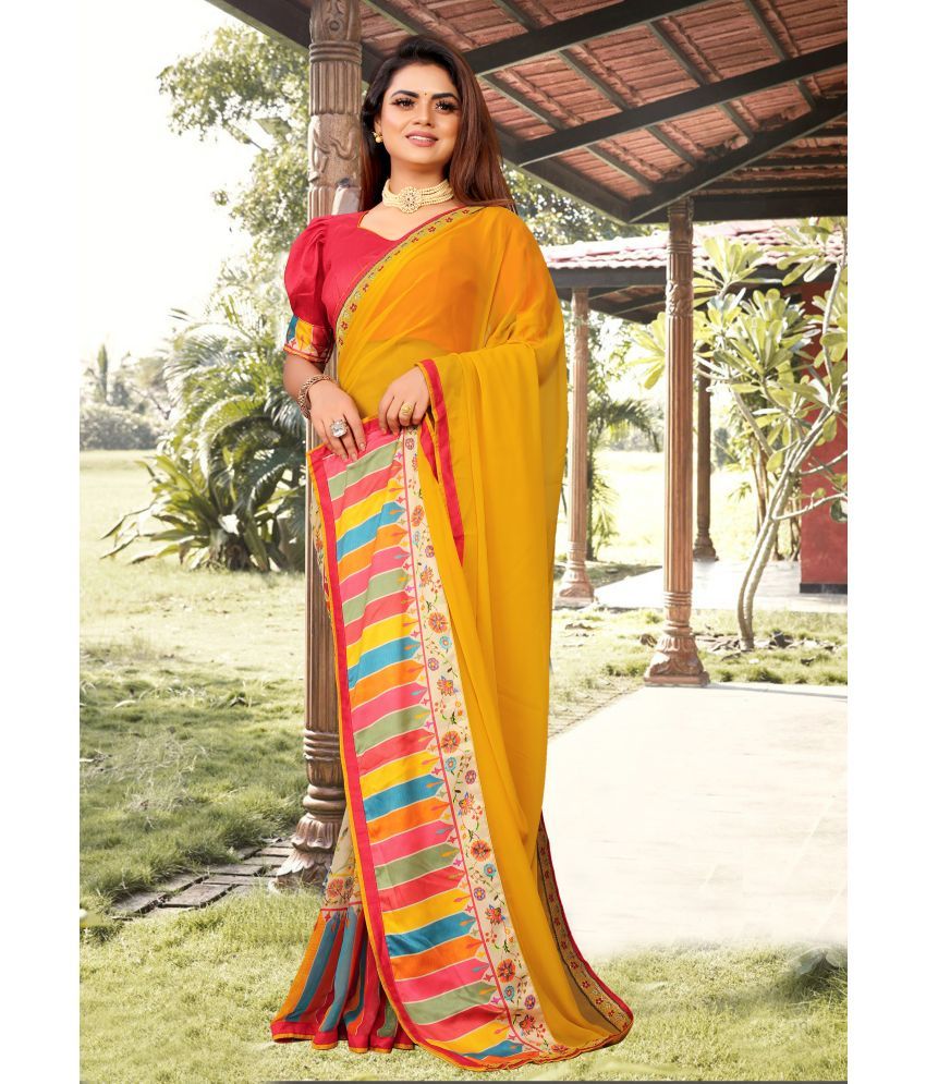     			VEDANT VASTRAM Georgette Printed Saree With Blouse Piece ( Yellow , Pack of 1 )